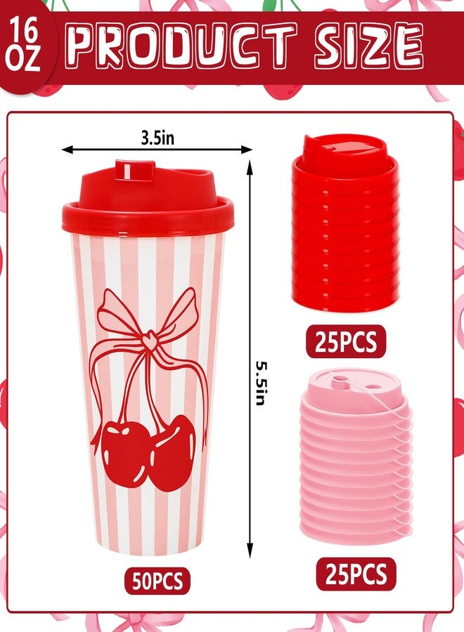 JarThenaAMCS 50 Set Coquette Cherry Disposable Coffee Cups with Lids 16oz Pink Bow Cherry Paper Drinking Cup Striped Paper Cup for Birthday Wedding Baby Shower Bachelorette Party Supplies - Image 2